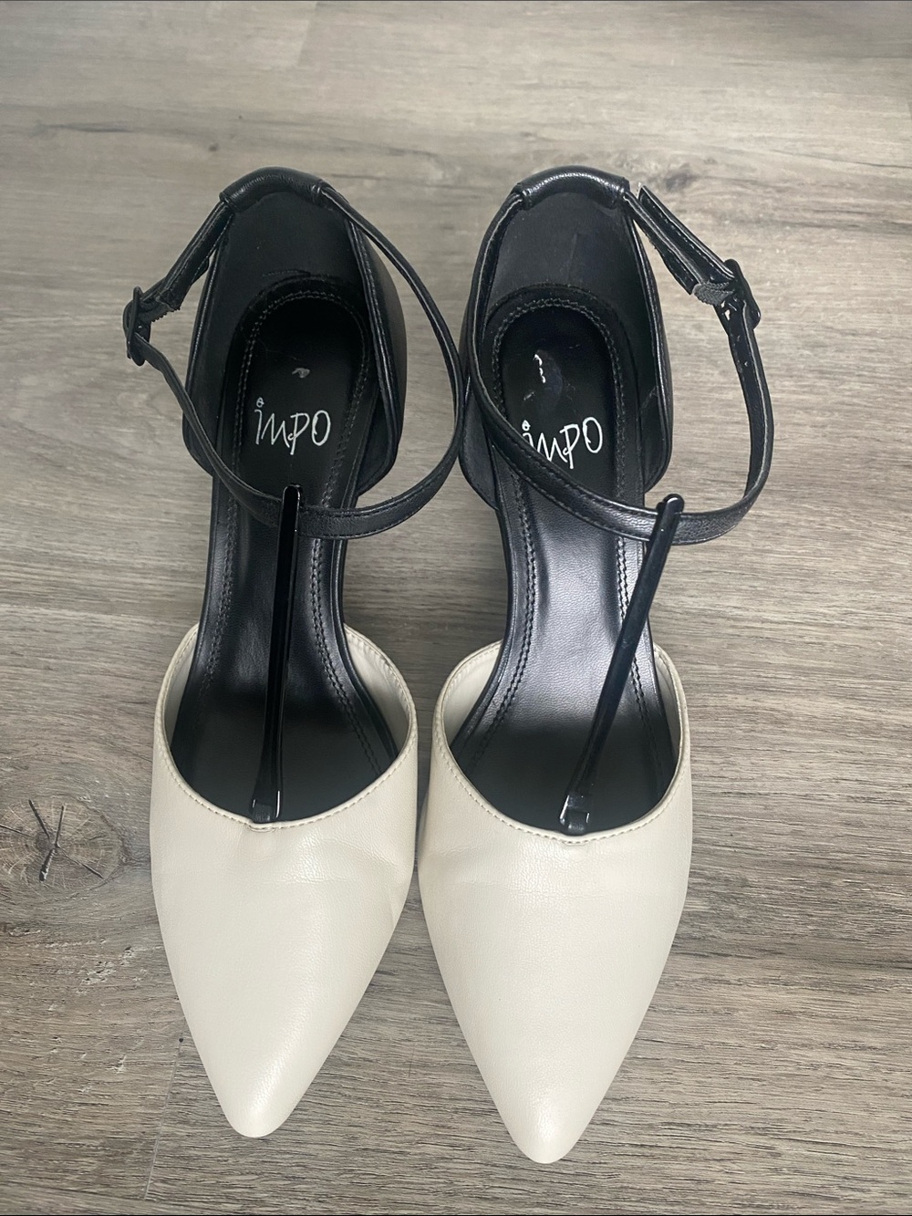 Impo Two-Tone Pointed Toe Ankle Strap Pumps in Cream and Black